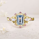 Unique floral engagement rings Emerald Cut Lab Aquamarine Engagement Ring Pink Sapphire Flower 18K Yellow Gold Wedding Ring
