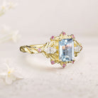 Unique floral engagement rings Emerald Cut Lab Aquamarine Engagement Ring Pink Sapphire Flower 18K Yellow Gold Wedding Ring