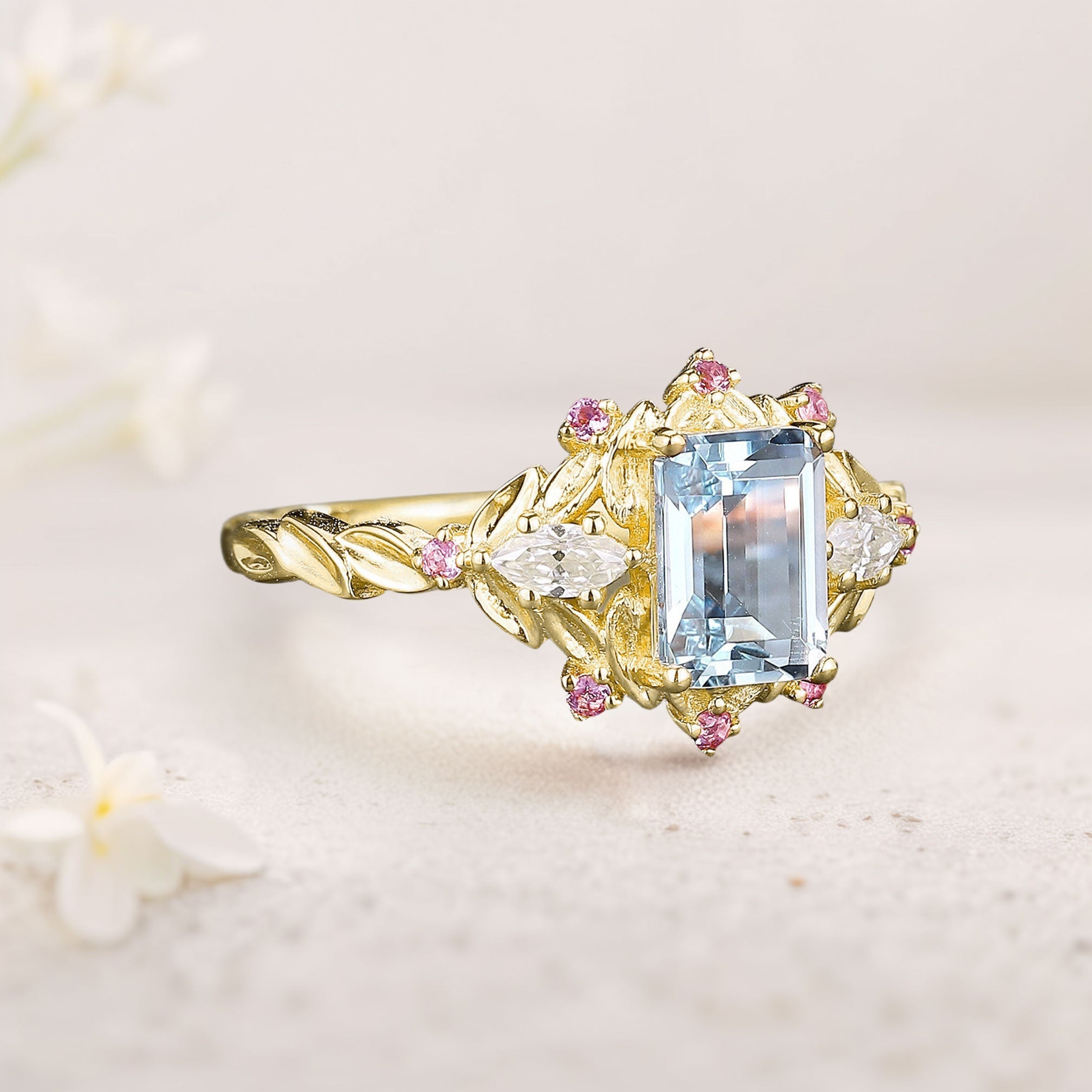 Unique floral engagement rings Emerald Cut Lab Aquamarine Engagement Ring Pink Sapphire Flower 18K Yellow Gold Wedding Ring