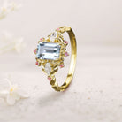 Unique floral engagement rings Emerald Cut Lab Aquamarine Engagement Ring Pink Sapphire Flower 18K Yellow Gold Wedding Ring
