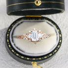 Unique Briar Rose Three Stone Emerald cut Moissanite 18K Rose Gold Ring