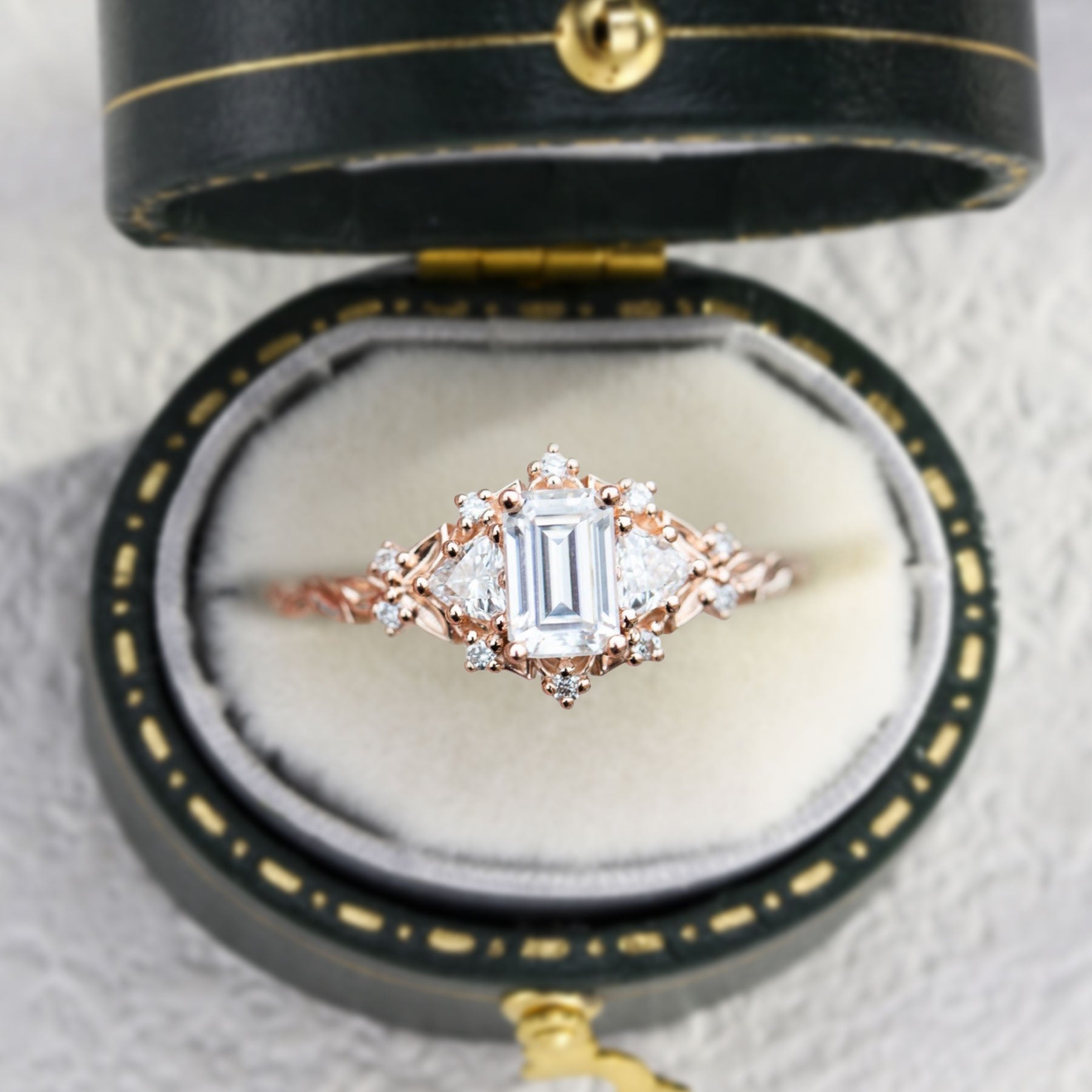 Unique Briar Rose Three Stone Emerald cut Moissanite 18K Rose Gold Ring