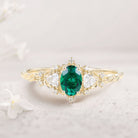 Classic Briar Rose Oval Lab Emerald Olive Leaves 18K Yellow Gold Engagement Ring Fairy Ring