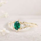 Classic Briar Rose Oval Lab Emerald Olive Leaves 18K Yellow Gold Engagement Ring Fairy Ring
