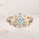 Vintage floral engagement rings Oval Green Moissanite 18K Yellow Gold Engagement Ring set Sapphire leaf Ring set