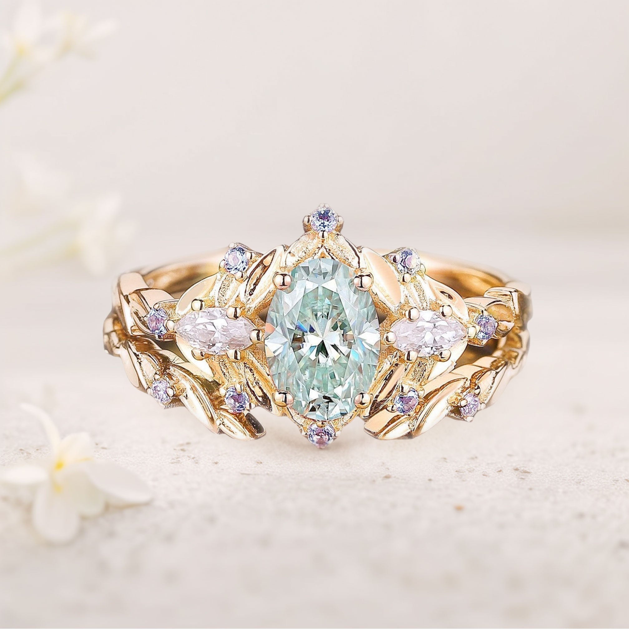 Vintage floral engagement rings Oval Green Moissanite 18K Yellow Gold Engagement Ring set Sapphire leaf Ring set