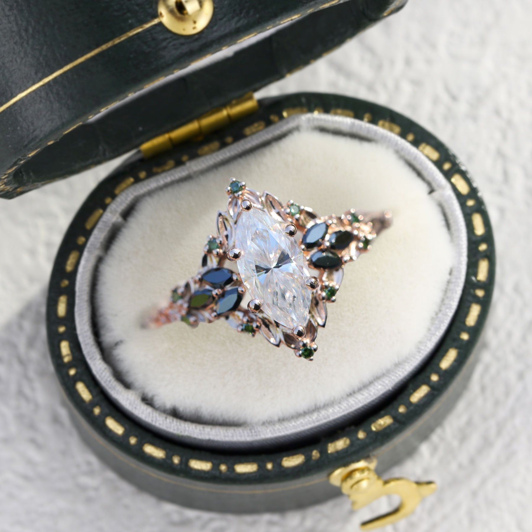 Unique floral engagement rings Briar Rose Starlight Marquise Moissanite and Green Moissanite 18K Rose Gold Ring