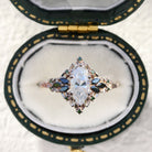 Unique floral engagement rings Briar Rose Starlight Marquise Moissanite and Green Moissanite 18K Rose Gold Ring