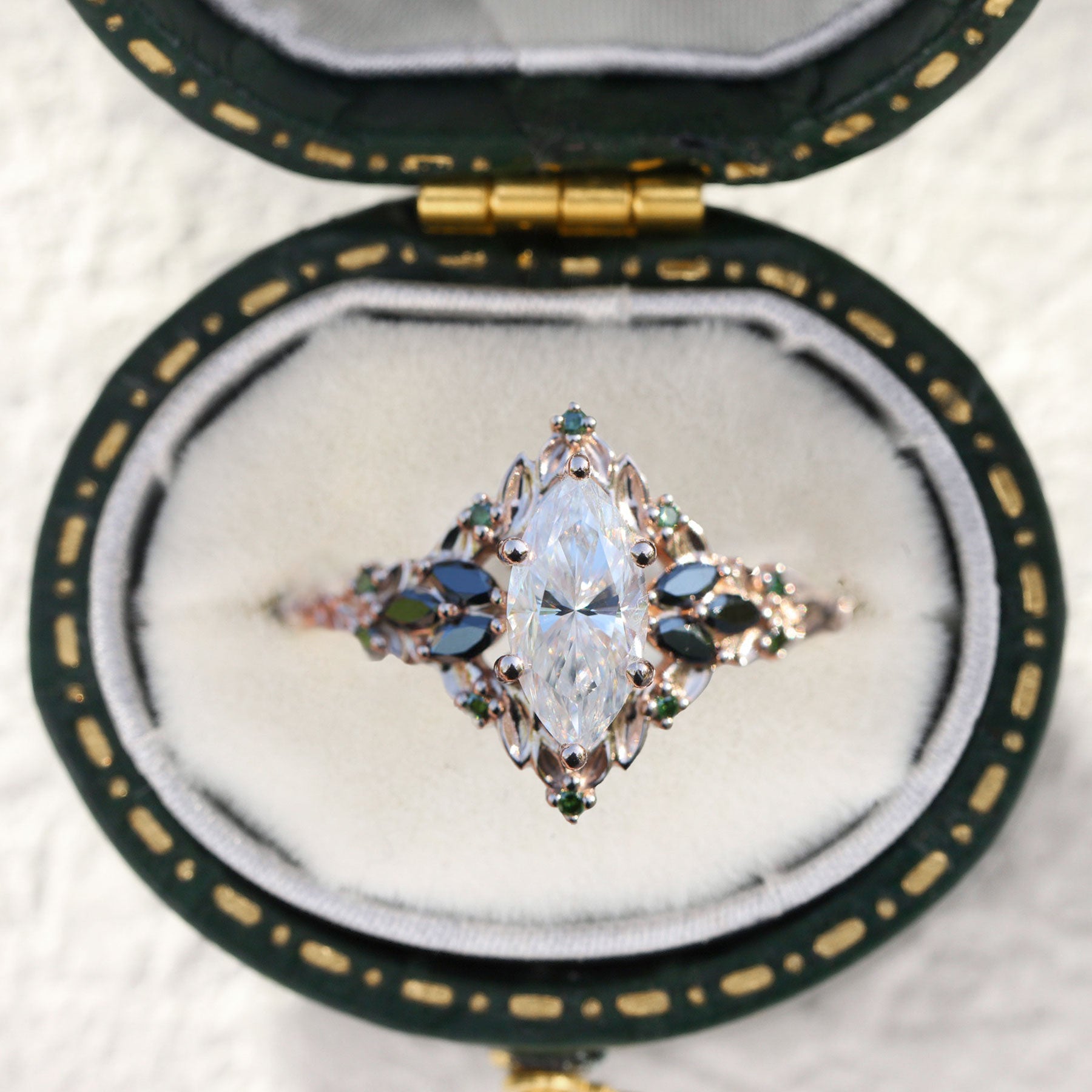 Unique floral engagement rings Briar Rose Starlight Marquise Moissanite and Green Moissanite 18K Rose Gold Ring