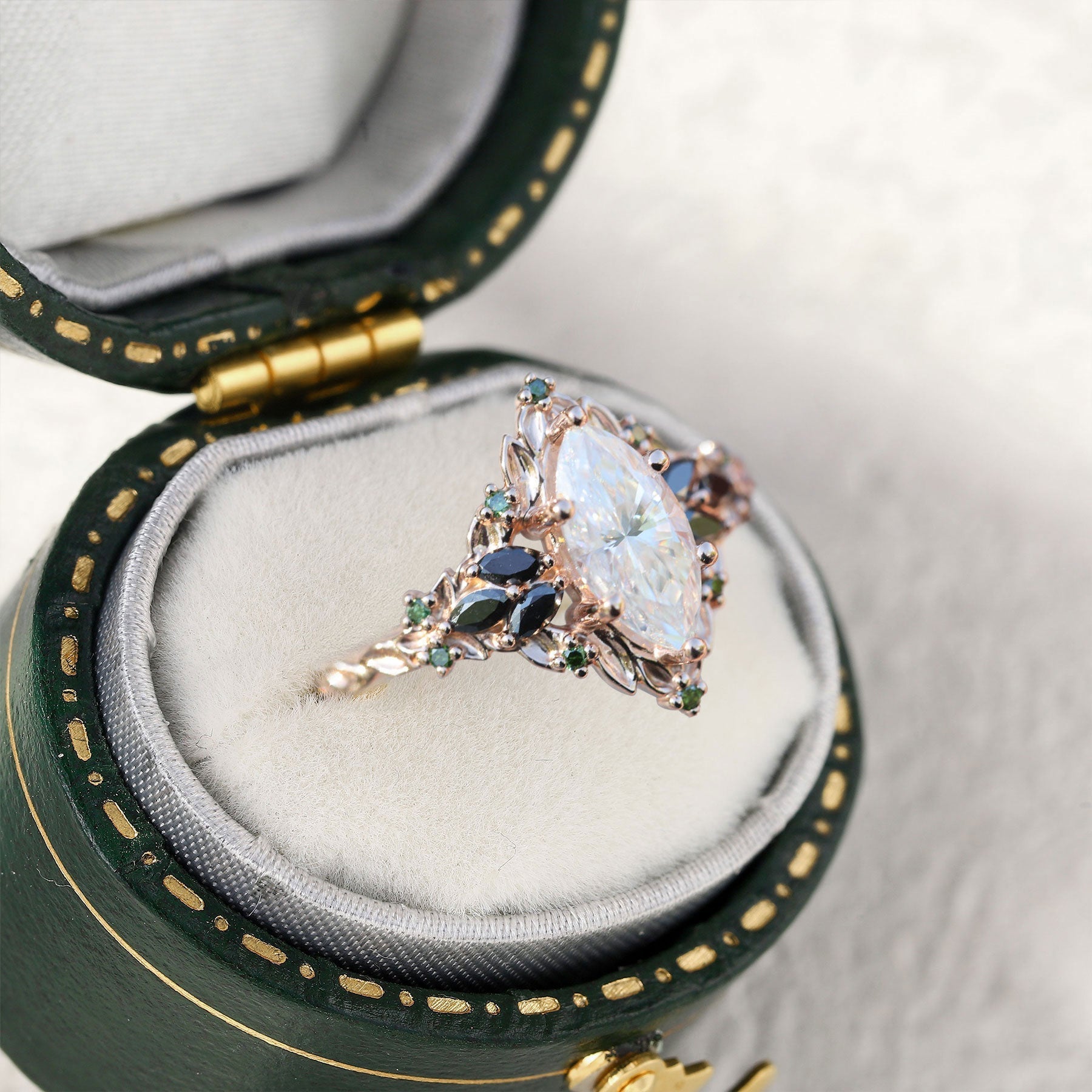 Unique floral engagement rings Briar Rose Starlight Marquise Moissanite and Green Moissanite 18K Rose Gold Ring