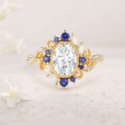 Unique floral engagement rings Halo Oval Moissanite and Lab Sapphire 18K Yellow Gold Twis Ring