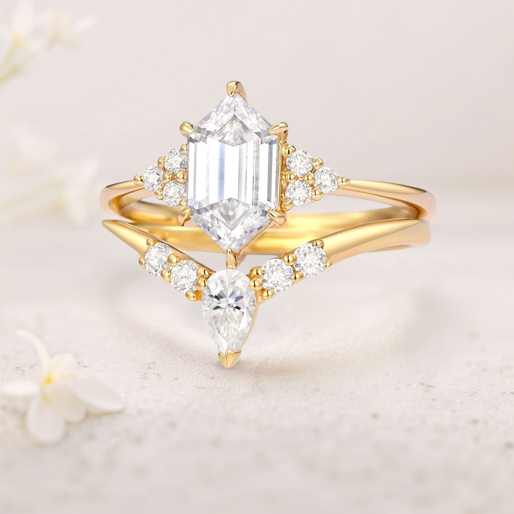 Unique floral engagement rings Long Hexagon Moissanite 18K Yellow Gold Wedding Ring Set Bridal Ring Set