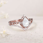 Vintage Pear Forever One Moissanite 18K Rose Gold Engagement Ring Bridal Ring Set