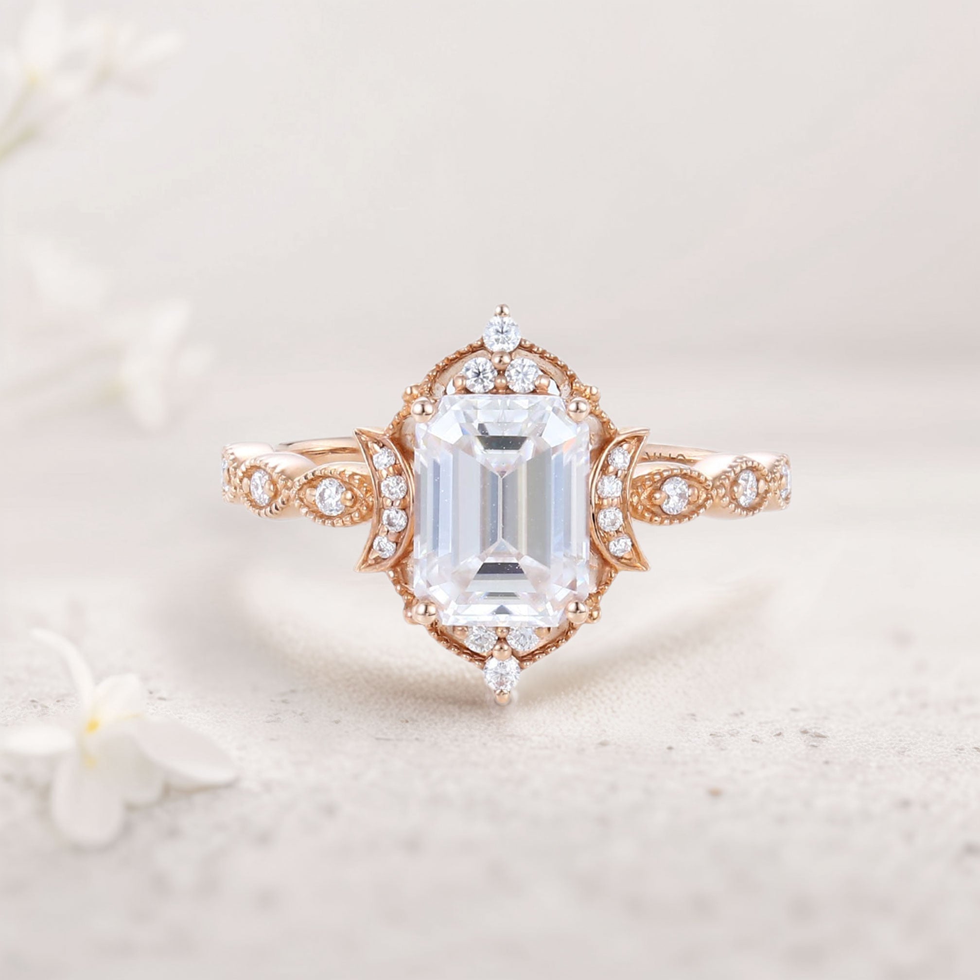 Vintage Emerald Moissanite 18K Rose Gold Engagement Ring Whimsical Charm Bridal Ring