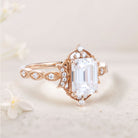 Vintage Emerald Moissanite 18K Rose Gold Engagement Ring Whimsical Charm Bridal Ring