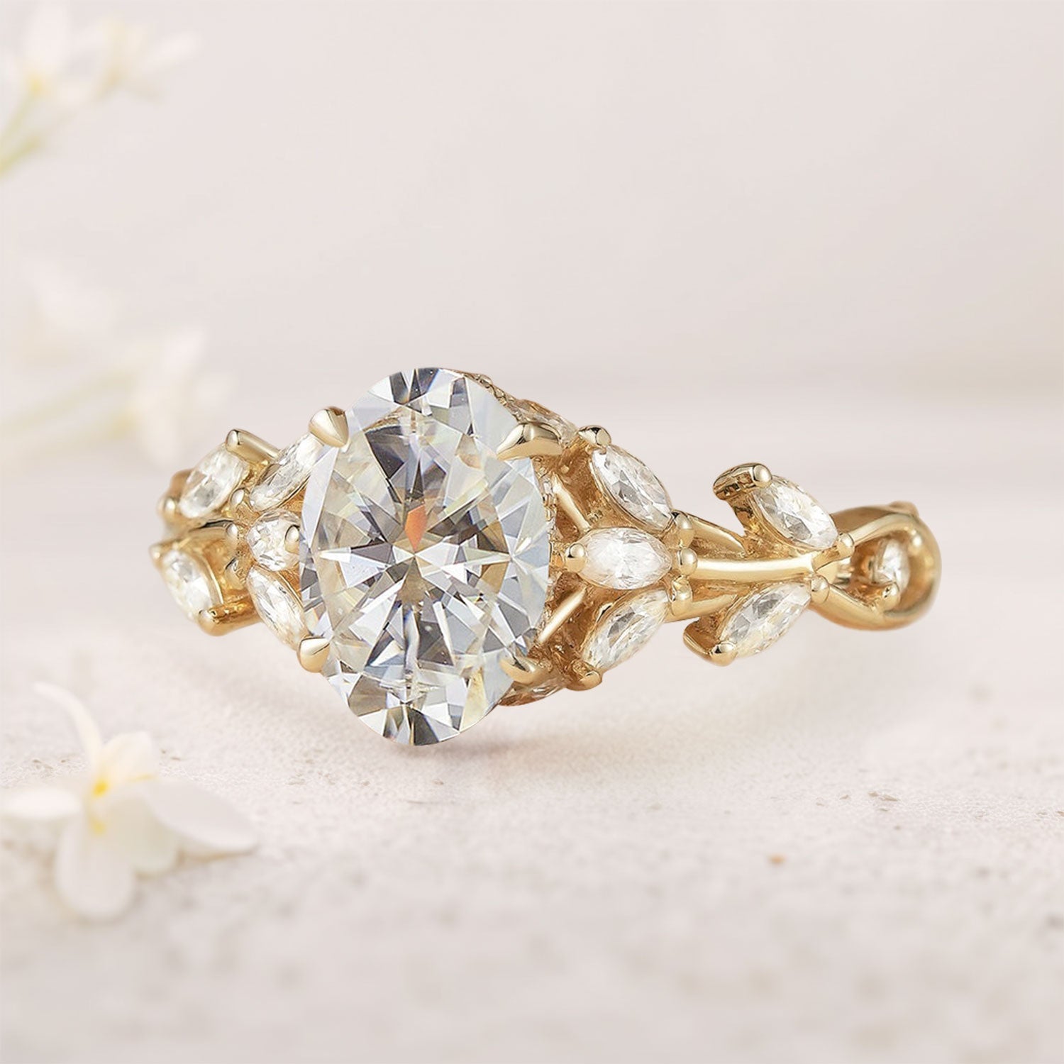 Unique floral engagement rings Oval Moissanite18K Yellow Gold Engagement Ring
