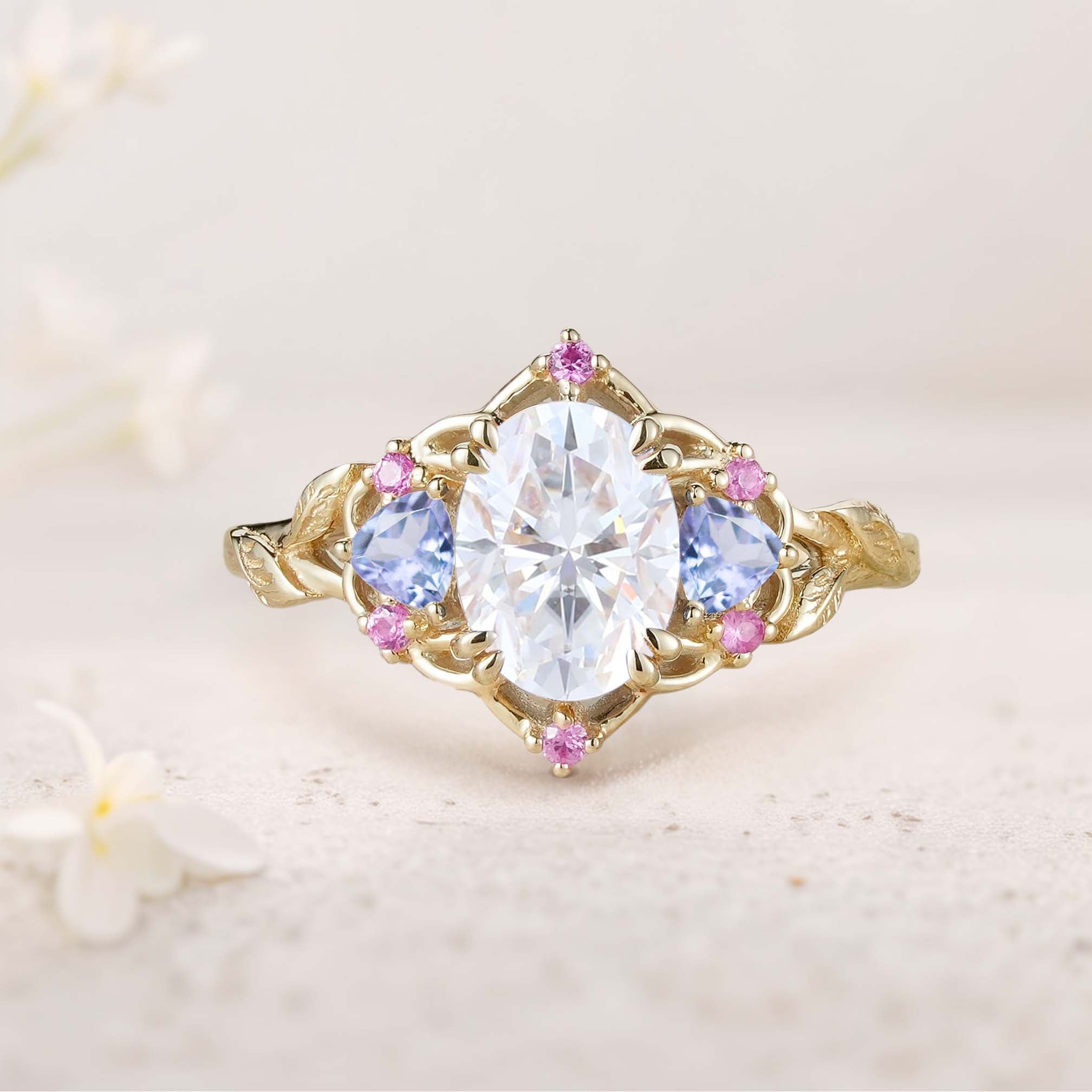 Unique Three Stone Oval Moissanite and Blue Sapphire 18K Yellow Gold Engagement Ring