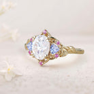 Unique Three Stone Oval Moissanite and Blue Sapphire 18K Yellow Gold Engagement Ring