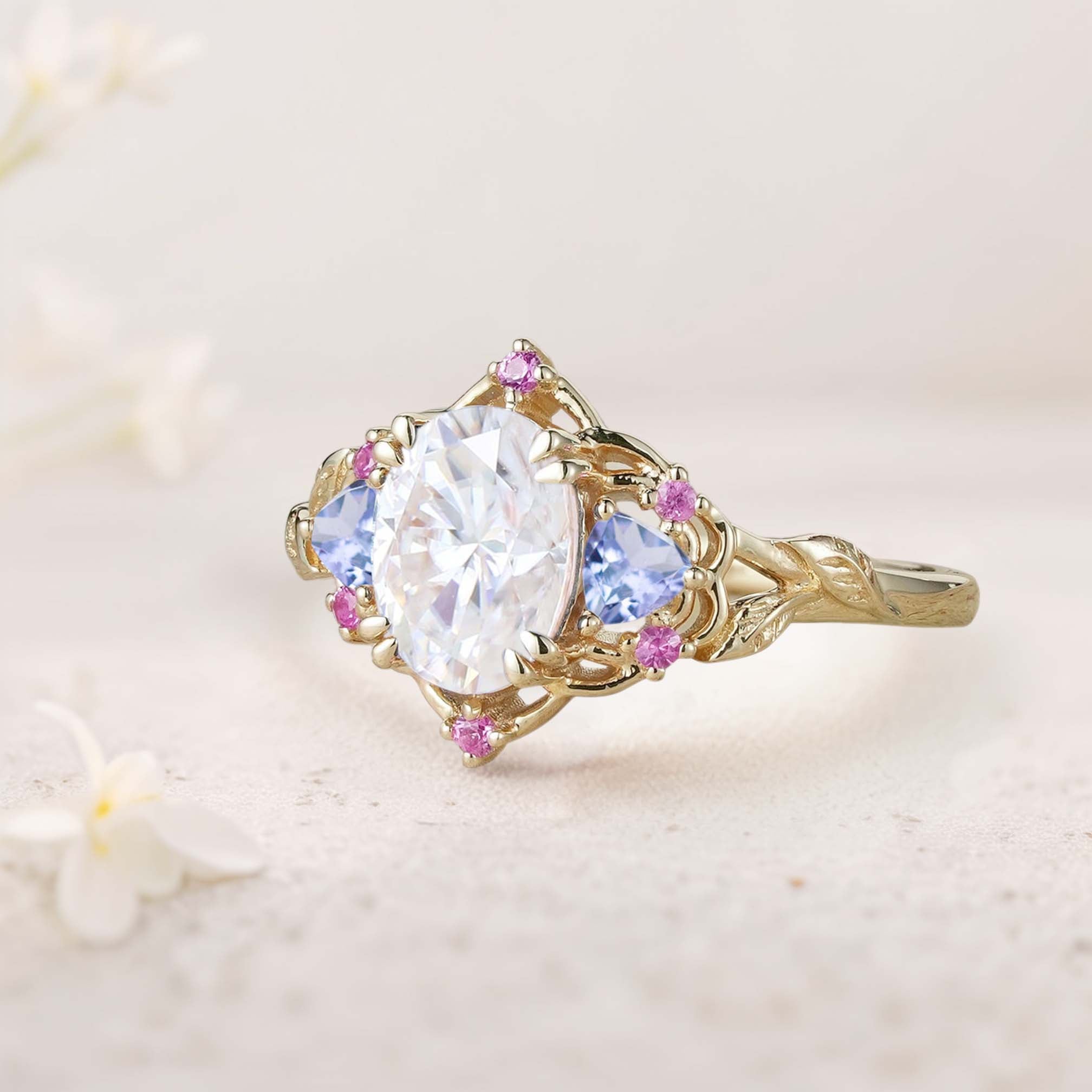 Unique Three Stone Oval Moissanite and Blue Sapphire 18K Yellow Gold Engagement Ring
