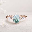 Vintage Oval Moss Agate and Moissanite 18K Rose Gold Engagement Ring