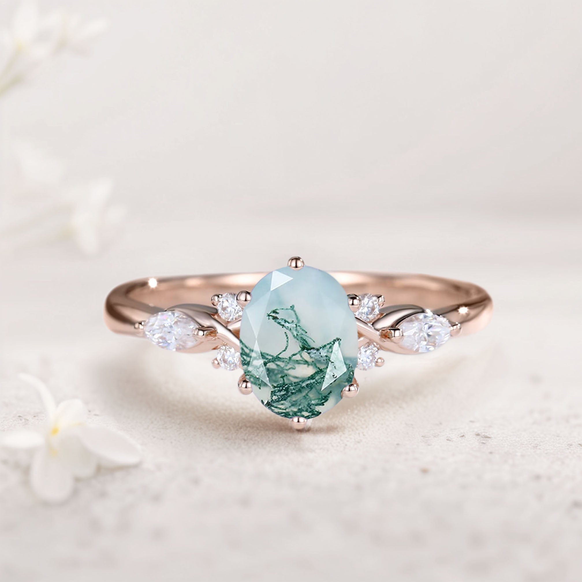 Vintage Oval Moss Agate and Moissanite 18K Rose Gold Engagement Ring