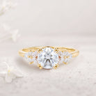 Unique Round Moissanite Floral Cluster 18K Yellow Gold Engagement Rings Double Prong Bridal Ring