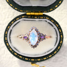 Customize your own Unique floral engagement rings Moon three stone Half Halo Marquise Lab Moonstone 18K Yellow Gold Ring