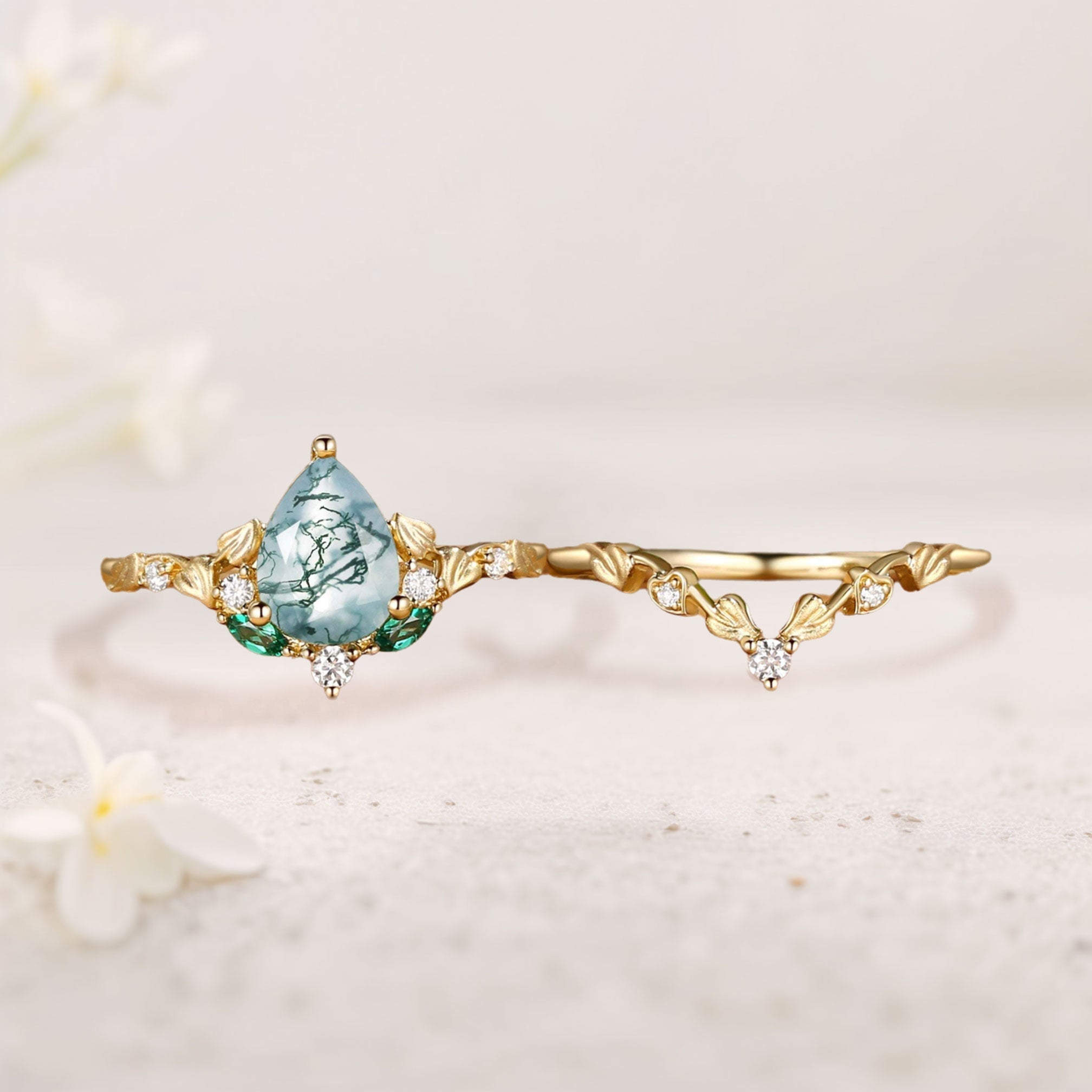 Unique floral engagement rings Leaf Pear Moss Agate 18K Yellow Gold Engagement Ring Set