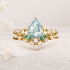 Unique floral engagement rings Leaf Pear Moss Agate 18K Yellow Gold Engagement Ring Set