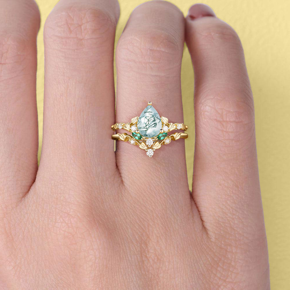 Unique floral engagement rings Leaf Pear Moss Agate 18K Yellow Gold Engagement Ring Set
