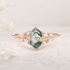 Unique floral engagement rings Hexagon Moss Agate Leafy Moissanite 18K Yellow Gold Vintage Engagement Ring