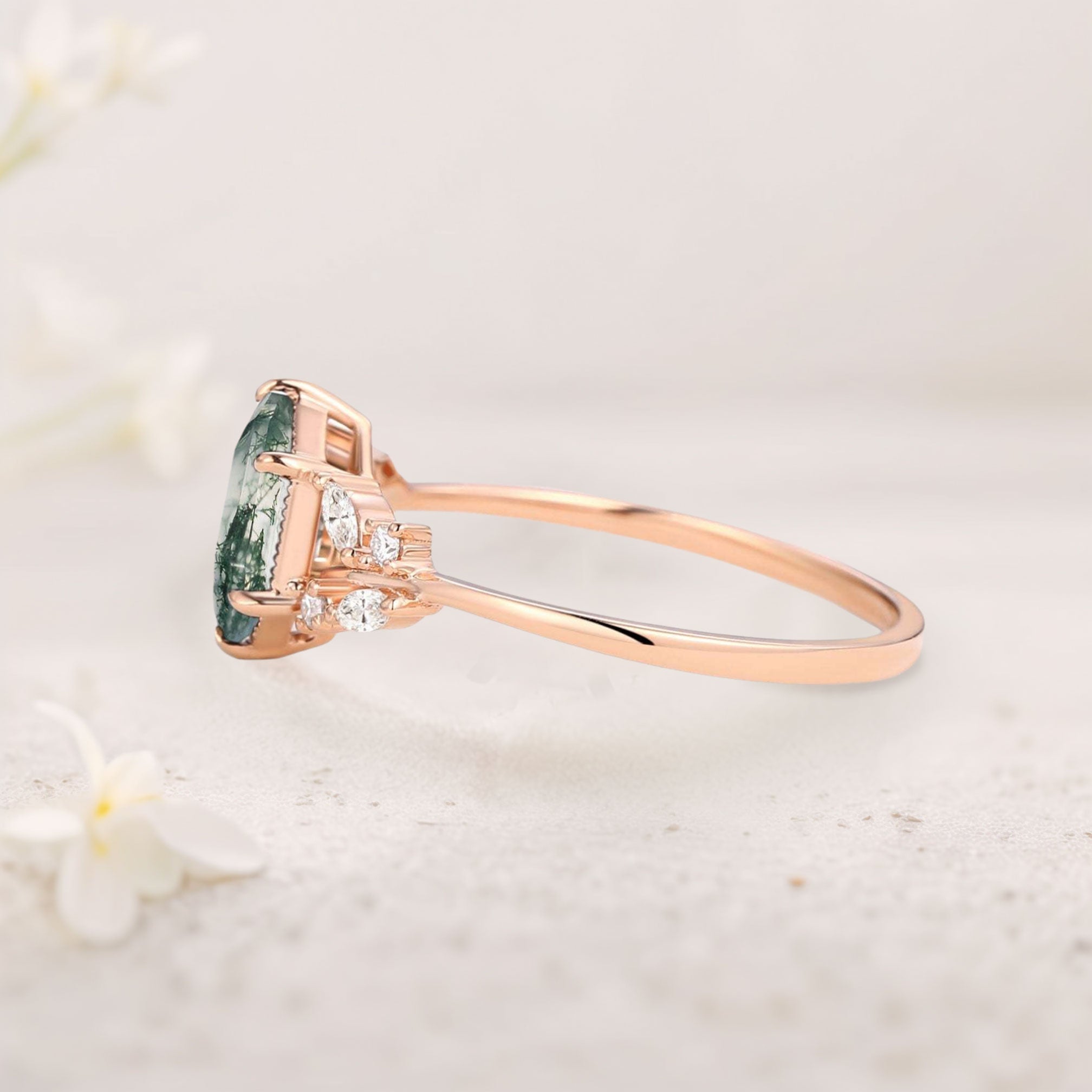 Unique floral engagement rings Hexagon Moss Agate Leafy Moissanite 18K Yellow Gold Vintage Engagement Ring