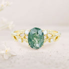 Unique floral engagement rings Oval Moss Agate Claw 18K Yellow Gold Engagement Ring Ornate Green Bridal Ring