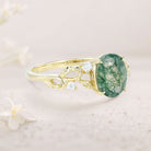 Unique floral engagement rings Oval Moss Agate Claw 18K Yellow Gold Engagement Ring Ornate Green Bridal Ring