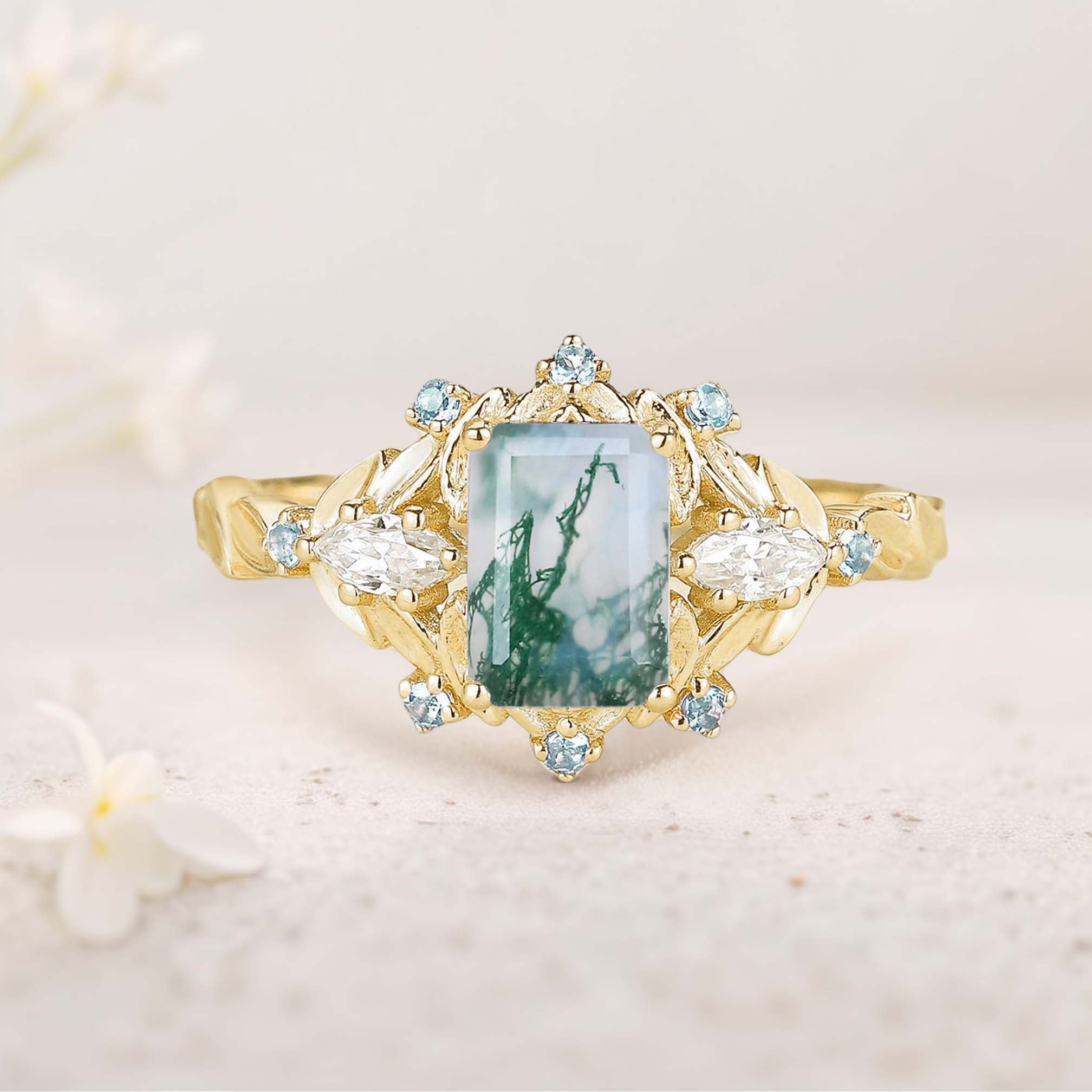 Unique floral engagement rings Emerald Cut Moss Agate Flower Engagement Ring Leaf 18K Yellow Gold Wedding Ring