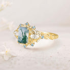 Unique floral engagement rings Emerald Cut Moss Agate Flower Engagement Ring Leaf 18K Yellow Gold Wedding Ring