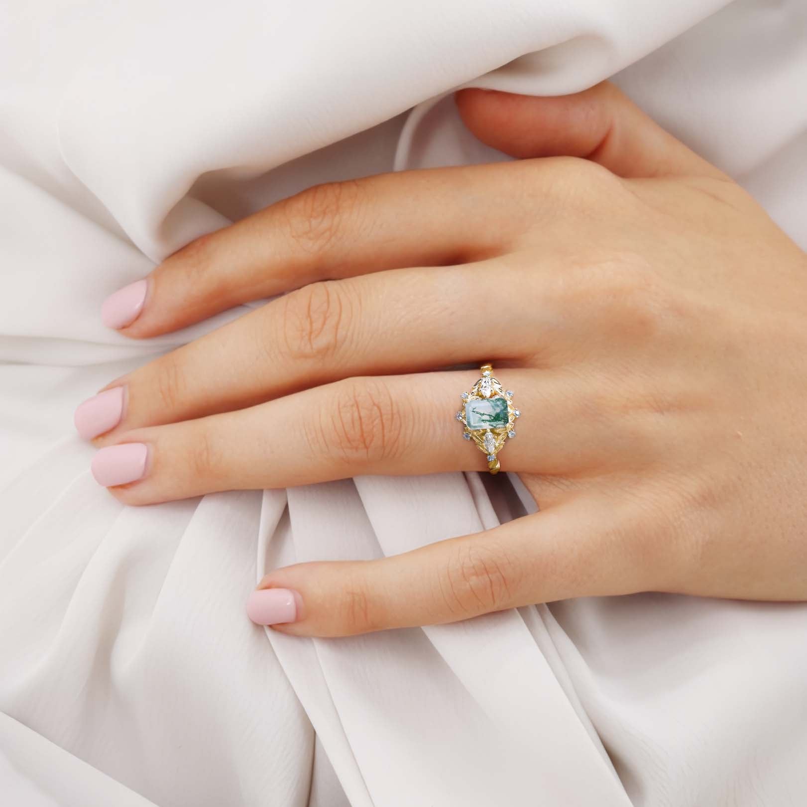 Unique floral engagement rings Emerald Cut Moss Agate Flower Engagement Ring Leaf 18K Yellow Gold Wedding Ring