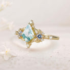 Unique Kite Three Stone Moss Agate 18K Yellow Gold Leaf Ring