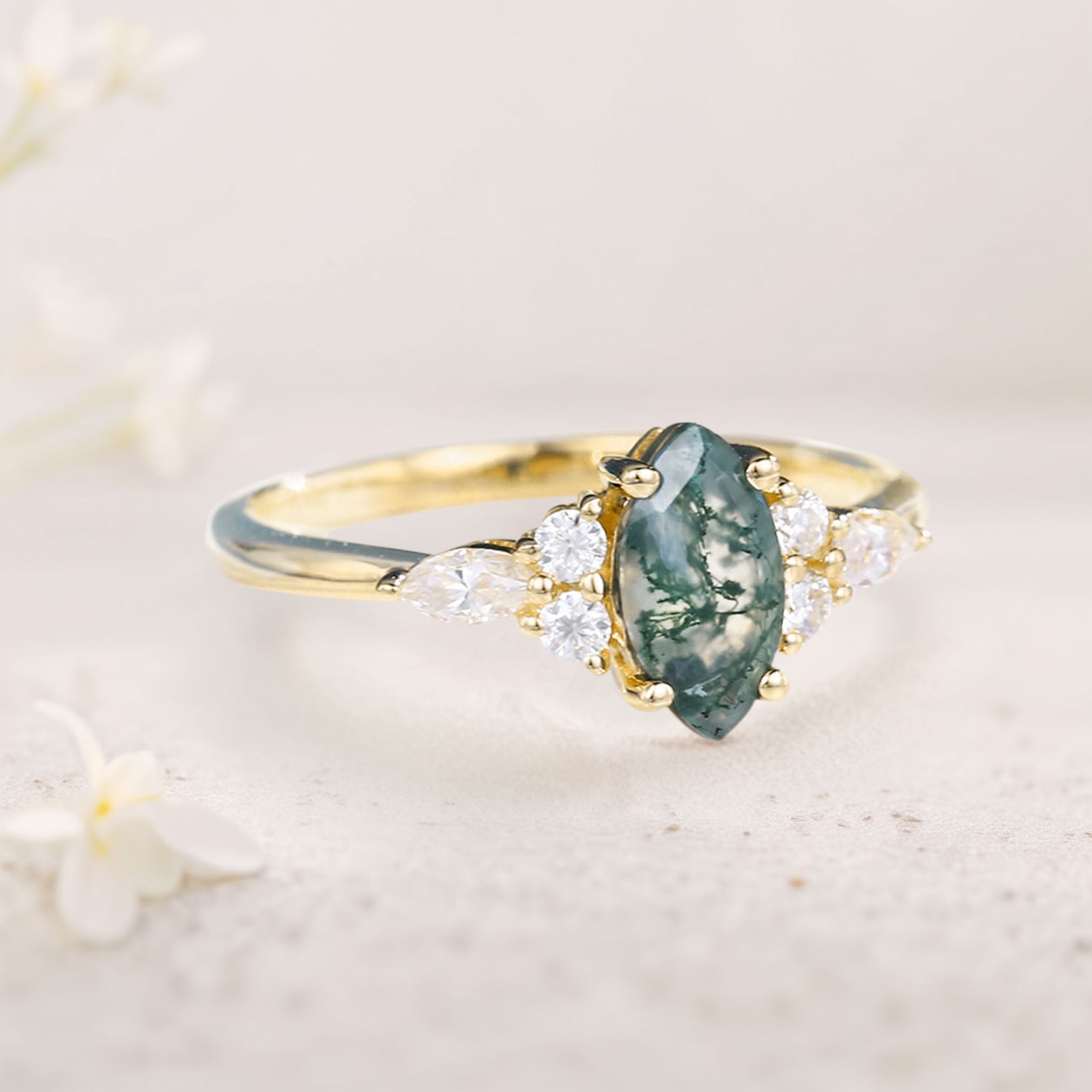Unique Marquise Moss Agate Simple 18K Yellow Gold Engagement Ring