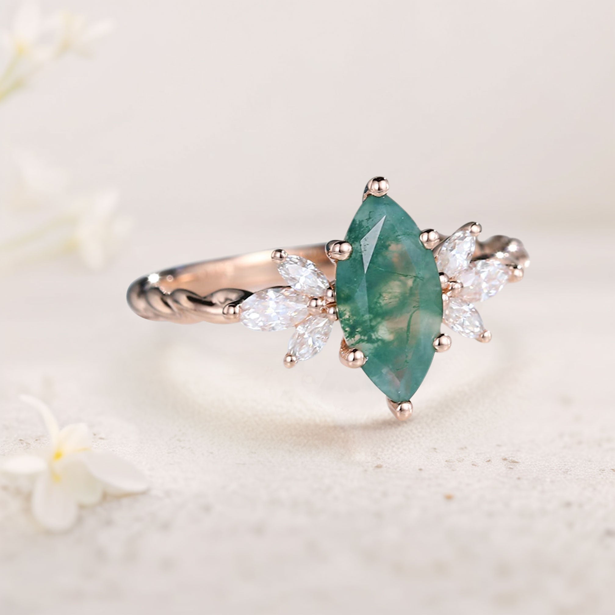 Unique Marquise Moss Agate Ring Twisted 18K Yellow Gold Engagement Ring