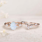 Vintage Oval Lab Opal and Moissanite Curved 18K Rose Gold Wedding Ring Set Bridal Ring Set