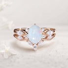 Vintage Oval Lab Opal and Moissanite Curved 18K Rose Gold Wedding Ring Set Bridal Ring Set