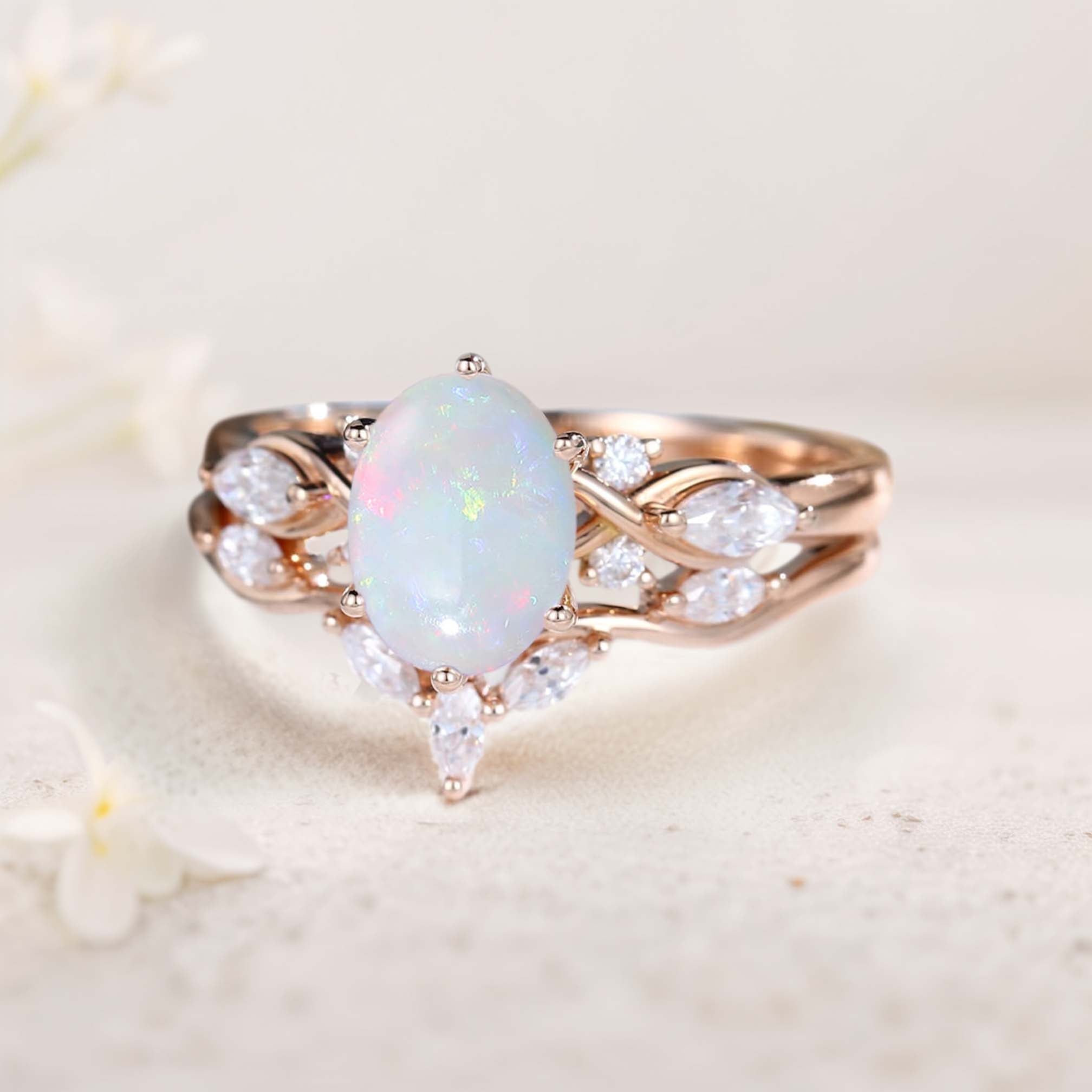 Vintage Oval Lab Opal and Moissanite Curved 18K Rose Gold Wedding Ring Set Bridal Ring Set