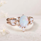 Vintage Oval Lab Opal and Moissanite Curved 18K Rose Gold Wedding Ring Set Bridal Ring Set