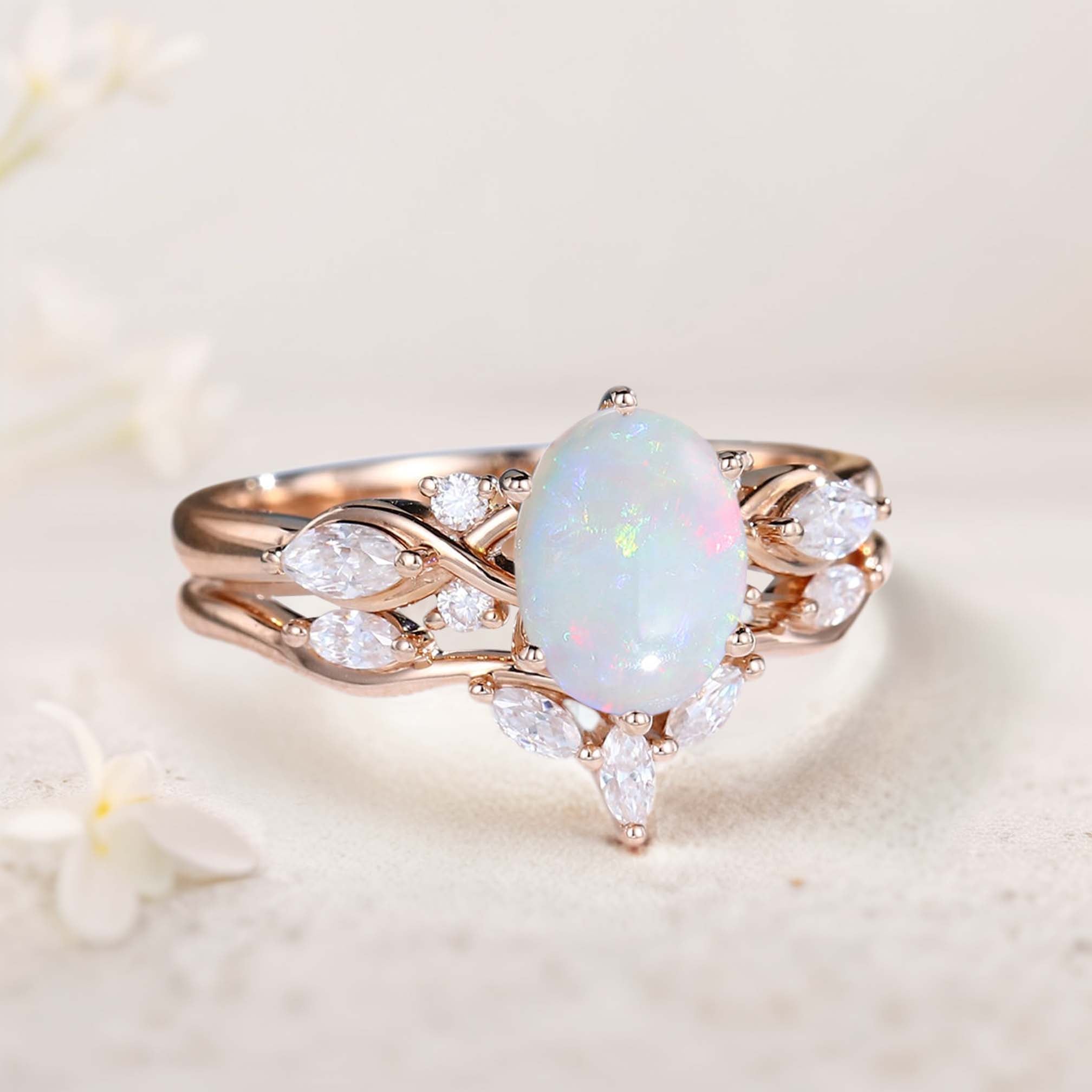 Vintage Oval Lab Opal and Moissanite Curved 18K Rose Gold Wedding Ring Set Bridal Ring Set