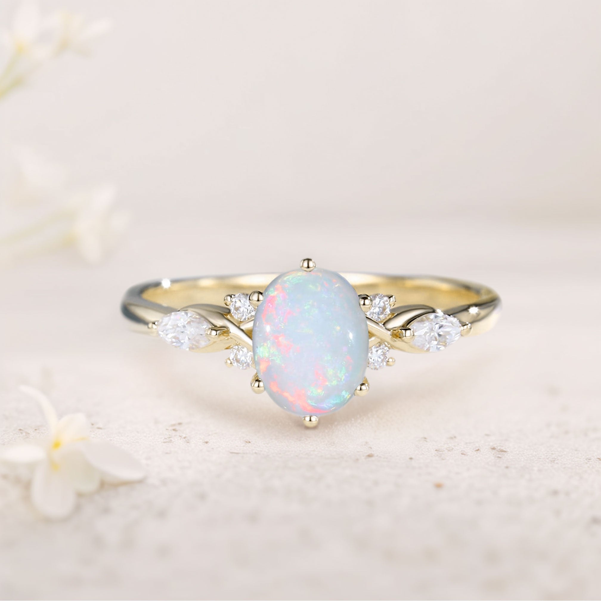 Vintage Oval Lab Opal and Moissanite 18K White Gold Engagement Ring