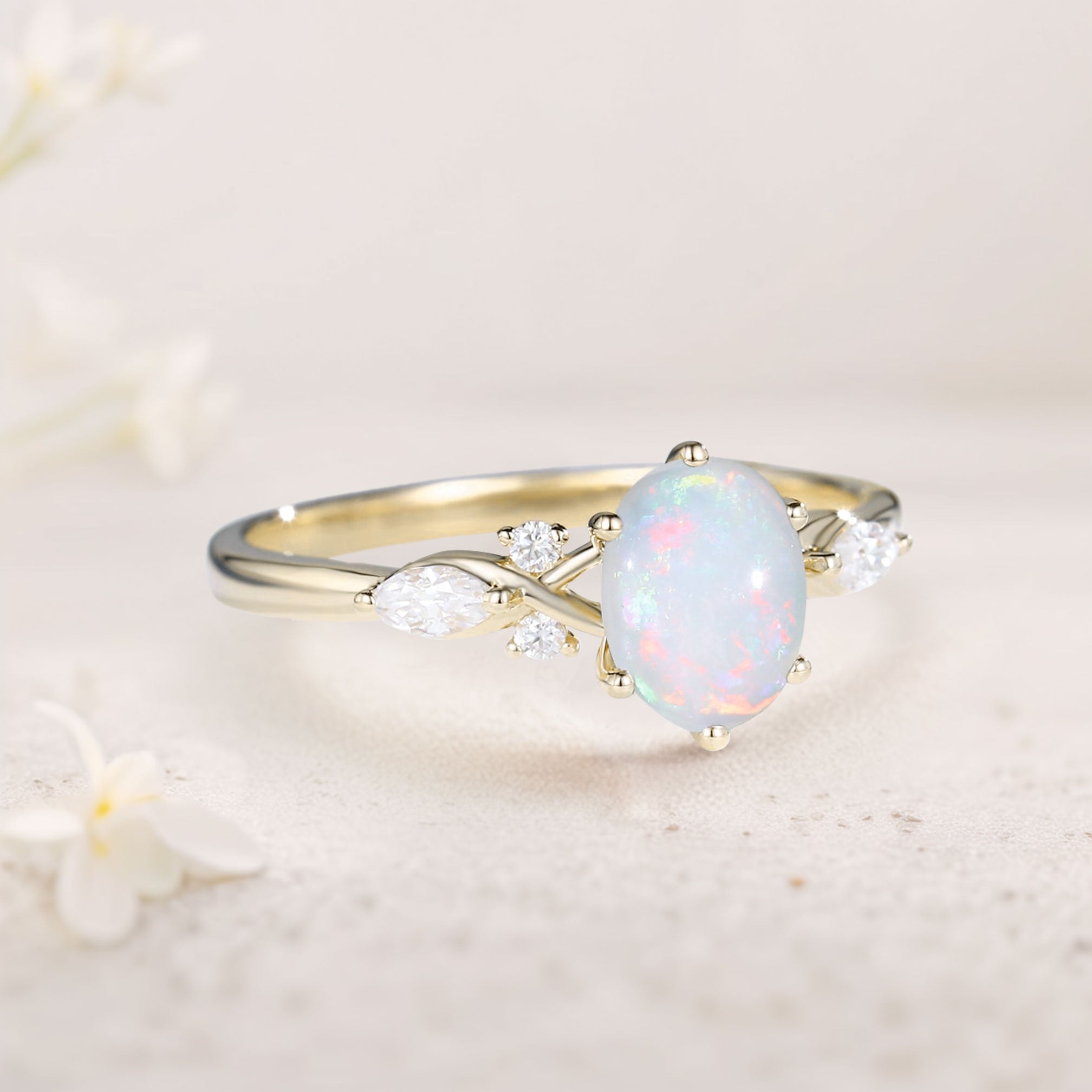 Vintage Oval Lab Opal and Moissanite 18K White Gold Engagement Ring