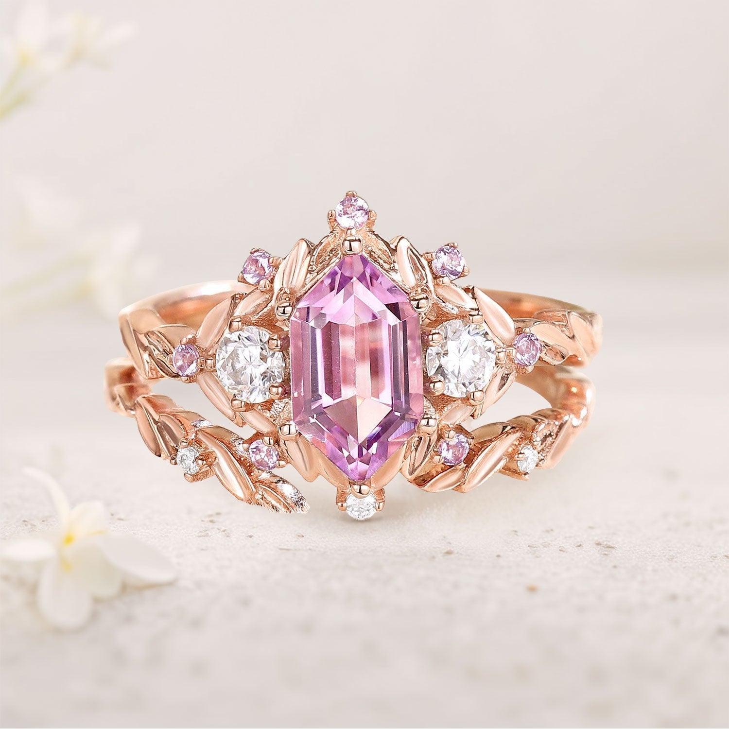 Unique Flower Engagement Ring Unique floral engagement rings long hexagon Lab Padparadscha and amethyst cluster 18K Rose Gold wedding ring set