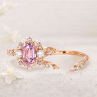 Unique Flower Engagement Ring Unique floral engagement rings long hexagon Lab Padparadscha and amethyst cluster 18K Rose Gold wedding ring set
