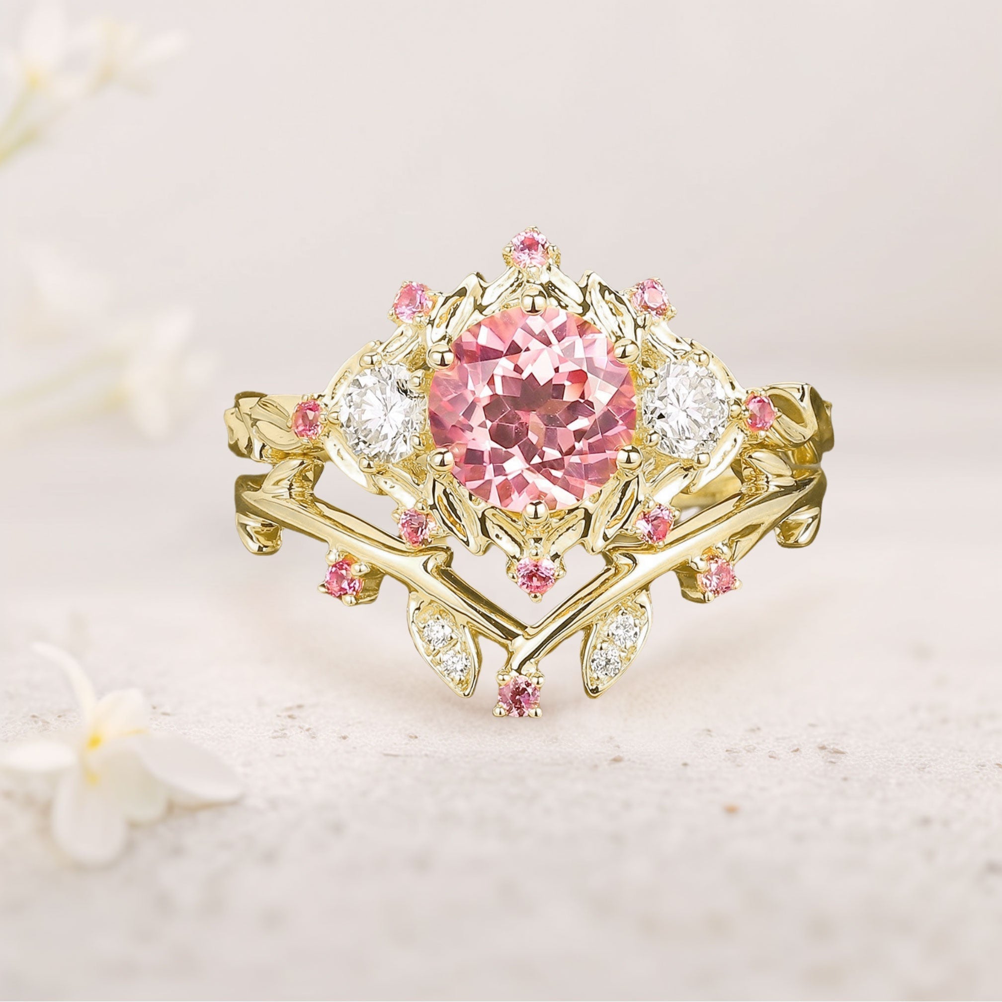 Unique floral engagement rings Round Lab Padparadscha Twig Engagement Ring Set Dainty Leaf 18K Yellow Gold Wedding Ring Set